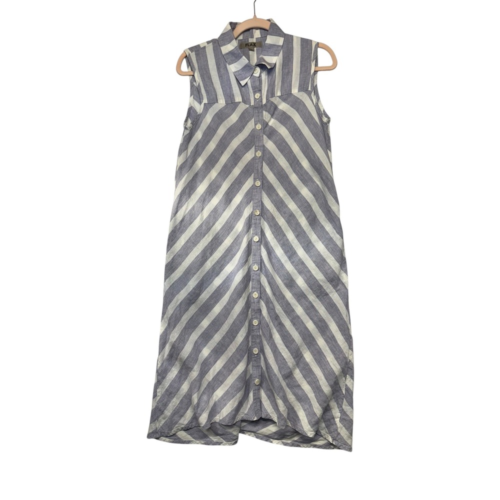 FLAX Sleeveless Linen Striped Button Down Midi Dress Blue White Womens Size S